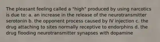 The pleasant feeling called a "high" produced by using narcotics is due to: a. an increase in the release of the neurotransmitter serotonin b. the opponent process caused by IV injection c. the drug attaching to sites normally receptive to endorphins d. the drug flooding neurotransmitter synapses with dopamine