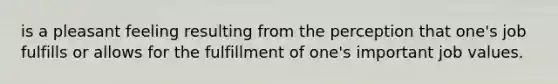 is a pleasant feeling resulting from the perception that one's job fulfills or allows for the fulfillment of one's important job values.