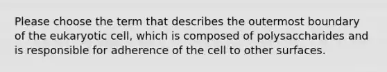 Please choose the term that describes the outermost boundary of the eukaryotic cell, which is composed of polysaccharides and is responsible for adherence of the cell to other surfaces.