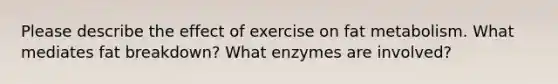 Please describe the effect of exercise on fat metabolism. What mediates fat breakdown? What enzymes are involved?