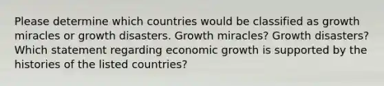 Please determine which countries would be classified as growth miracles or growth disasters. Growth miracles? Growth disasters? Which statement regarding economic growth is supported by the histories of the listed countries?