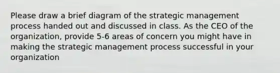 Please draw a brief diagram of the strategic management process handed out and discussed in class. As the CEO of the organization, provide 5-6 areas of concern you might have in making the strategic management process successful in your organization