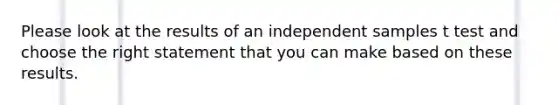 Please look at the results of an independent samples t test and choose the right statement that you can make based on these results.