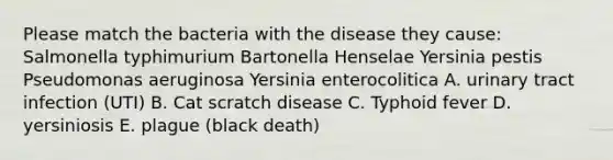 Please match the bacteria with the disease they cause: Salmonella typhimurium Bartonella Henselae Yersinia pestis Pseudomonas aeruginosa Yersinia enterocolitica A. urinary tract infection (UTI) B. Cat scratch disease C. Typhoid fever D. yersiniosis E. plague (black death)