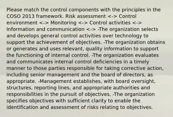 Please match the control components with the principles in the COSO 2013 framework. Risk assessment Control environment Monitoring Control activities Information and communication -The organization selects and develops general control activities over technology to support the achievement of objectives. -The organization obtains or generates and uses relevant, quality information to support the functioning of internal control. -The organization evaluates and communicates internal control deficiencies in a timely manner to those parties responsible for taking corrective action, including senior management and the board of directors, as appropriate. -Management establishes, with board oversight, structures, reporting lines, and appropriate authorities and responsibilities in the pursuit of objectives. -The organization specifies objectives with sufficient clarity to enable the identification and assessment of risks relating to objectives.