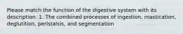 Please match the function of the digestive system with its description. 1. The combined processes of ingestion, mastication, deglutition, peristalsis, and segmentation