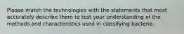 Please match the technologies with the statements that most accurately describe them to test your understanding of the methods and characteristics used in classifying bacteria.