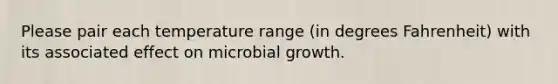 Please pair each temperature range (in degrees Fahrenheit) with its associated effect on microbial growth.