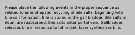 Please place the following events in the proper sequence as related to enterohepatic recycling of bile salts, beginning with bile salt formation. Bile is stored in the gall bladder. Bile salts in ileum are reabsorbed. Bile salts enter portal vein. Gallbladder releases bile in response to fat in diet. Liver synthesizes bile.