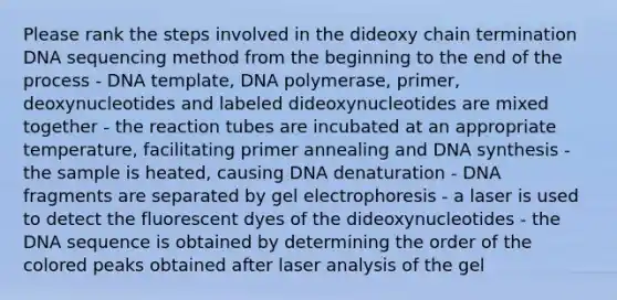 Please rank the steps involved in the dideoxy chain termination DNA sequencing method from the beginning to the end of the process - DNA template, DNA polymerase, primer, deoxynucleotides and labeled dideoxynucleotides are mixed together - the reaction tubes are incubated at an appropriate temperature, facilitating primer annealing and DNA synthesis - the sample is heated, causing DNA denaturation - DNA fragments are separated by gel electrophoresis - a laser is used to detect the fluorescent dyes of the dideoxynucleotides - the DNA sequence is obtained by determining the order of the colored peaks obtained after laser analysis of the gel