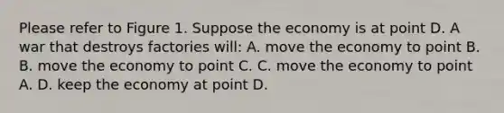 Please refer to Figure 1. Suppose the economy is at point D. A war that destroys factories will: A. move the economy to point B. B. move the economy to point C. C. move the economy to point A. D. keep the economy at point D.