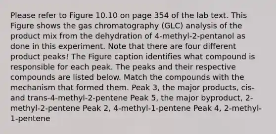 Please refer to Figure 10.10 on page 354 of the lab text. This Figure shows the gas chromatography (GLC) analysis of the product mix from the dehydration of 4-methyl-2-pentanol as done in this experiment. Note that there are four different product peaks! The Figure caption identifies what compound is responsible for each peak. The peaks and their respective compounds are listed below. Match the compounds with the mechanism that formed them. Peak 3, the major products, cis- and trans-4-methyl-2-pentene Peak 5, the major byproduct, 2-methyl-2-pentene Peak 2, 4-methyl-1-pentene Peak 4, 2-methyl-1-pentene