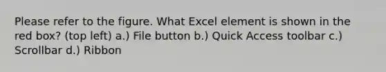 Please refer to the figure. What Excel element is shown in the red box? (top left) a.) File button b.) Quick Access toolbar c.) Scrollbar d.) Ribbon