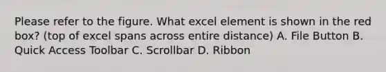 Please refer to the figure. What excel element is shown in the red box? (top of excel spans across entire distance) A. File Button B. Quick Access Toolbar C. Scrollbar D. Ribbon