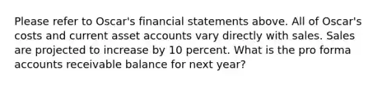 Please refer to Oscar's financial statements above. All of Oscar's costs and current asset accounts vary directly with sales. Sales are projected to increase by 10 percent. What is the pro forma accounts receivable balance for next year?