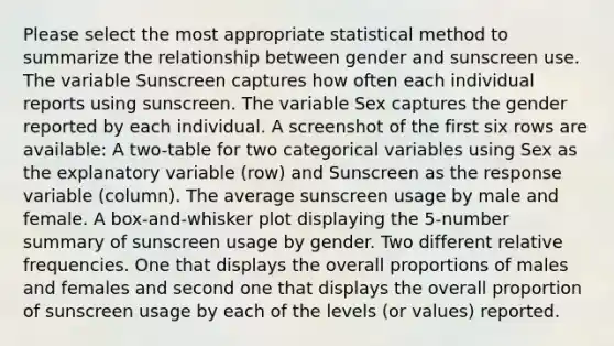 Please select the most appropriate statistical method to summarize the relationship between gender and sunscreen use. The variable Sunscreen captures how often each individual reports using sunscreen. The variable Sex captures the gender reported by each individual. A screenshot of the first six rows are available: A two-table for two categorical variables using Sex as the explanatory variable (row) and Sunscreen as the response variable (column). The average sunscreen usage by male and female. A box-and-whisker plot displaying the 5-number summary of sunscreen usage by gender. Two different relative frequencies. One that displays the overall proportions of males and females and second one that displays the overall proportion of sunscreen usage by each of the levels (or values) reported.