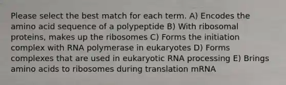 Please select the best match for each term. A) Encodes the amino acid sequence of a polypeptide B) With ribosomal proteins, makes up the ribosomes C) Forms the initiation complex with RNA polymerase in eukaryotes D) Forms complexes that are used in eukaryotic RNA processing E) Brings amino acids to ribosomes during translation mRNA