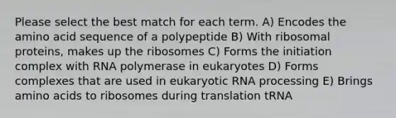 Please select the best match for each term. A) Encodes the amino acid sequence of a polypeptide B) With ribosomal proteins, makes up the ribosomes C) Forms the initiation complex with RNA polymerase in eukaryotes D) Forms complexes that are used in eukaryotic RNA processing E) Brings amino acids to ribosomes during translation tRNA