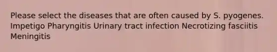 Please select the diseases that are often caused by S. pyogenes. Impetigo Pharyngitis Urinary tract infection Necrotizing fasciitis Meningitis