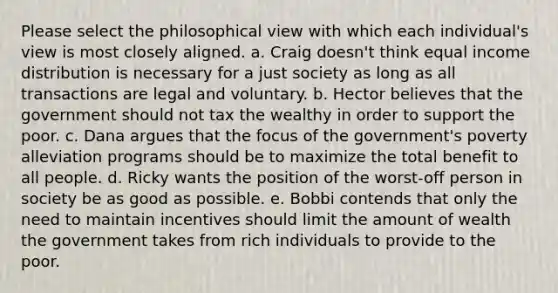 Please select the philosophical view with which each individual's view is most closely aligned. a. Craig doesn't think equal income distribution is necessary for a just society as long as all transactions are legal and voluntary. b. Hector believes that the government should not tax the wealthy in order to support the poor. c. Dana argues that the focus of the government's poverty alleviation programs should be to maximize the total benefit to all people. d. Ricky wants the position of the worst-off person in society be as good as possible. e. Bobbi contends that only the need to maintain incentives should limit the amount of wealth the government takes from rich individuals to provide to the poor.