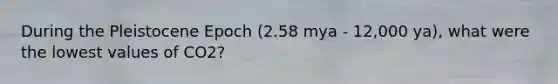 During the Pleistocene Epoch (2.58 mya - 12,000 ya), what were the lowest values of CO2?