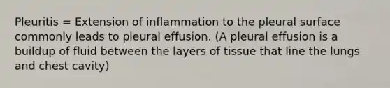 Pleuritis = Extension of inflammation to the pleural surface commonly leads to pleural effusion. (A pleural effusion is a buildup of fluid between the layers of tissue that line the lungs and chest cavity)