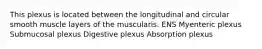 This plexus is located between the longitudinal and circular smooth muscle layers of the muscularis. ENS Myenteric plexus Submucosal plexus Digestive plexus Absorption plexus