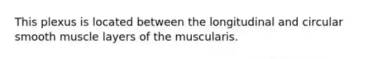 This plexus is located between the longitudinal and circular smooth muscle layers of the muscularis.