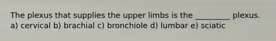 The plexus that supplies the upper limbs is the _________ plexus. a) cervical b) brachial c) bronchiole d) lumbar e) sciatic