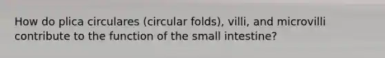 How do plica circulares (circular folds), villi, and microvilli contribute to the function of the small intestine?