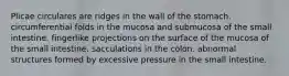 Plicae circulares are ridges in the wall of the stomach. circumferential folds in the mucosa and submucosa of the small intestine. fingerlike projections on the surface of the mucosa of the small intestine. sacculations in the colon. abnormal structures formed by excessive pressure in the small intestine.