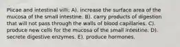 Plicae and intestinal villi: A). increase the surface area of the mucosa of the small intestine. B). carry products of digestion that will not pass through the walls of blood capillaries. C). produce new cells for the mucosa of the small intestine. D). secrete digestive enzymes. E). produce hormones.