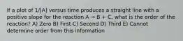 If a plot of 1/[A] versus time produces a straight line with a positive slope for the reaction A → B + C, what is the order of the reaction? A) Zero B) First C) Second D) Third E) Cannot determine order from this information