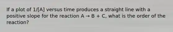 If a plot of 1/[A] versus time produces a straight line with a positive slope for the reaction A → B + C, what is the order of the reaction?