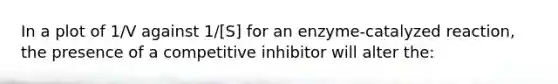 In a plot of 1/V against 1/[S] for an enzyme-catalyzed reaction, the presence of a competitive inhibitor will alter the: