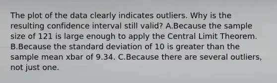 The plot of the data clearly indicates outliers. Why is the resulting confidence interval still valid? A.Because the sample size of 121 is large enough to apply the Central Limit Theorem. B.Because the standard deviation of 10 is greater than the sample mean xbar of 9.34. C.Because there are several outliers, not just one.