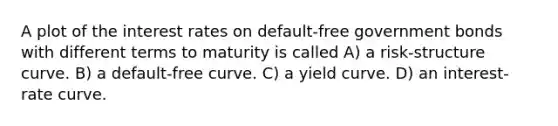 A plot of the interest rates on default-free government bonds with different terms to maturity is called A) a risk-structure curve. B) a default-free curve. C) a yield curve. D) an interest-rate curve.