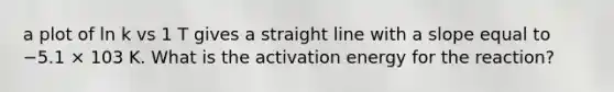 a plot of ln k vs 1 T gives a straight line with a slope equal to −5.1 × 103 K. What is the activation energy for the reaction?