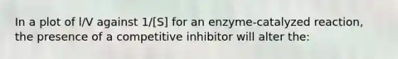 In a plot of l/V against 1/[S] for an enzyme-catalyzed reaction, the presence of a competitive inhibitor will alter the: