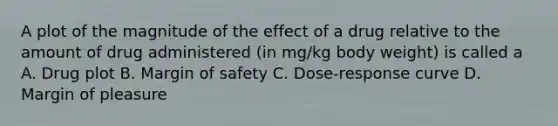 A plot of the magnitude of the effect of a drug relative to the amount of drug administered (in mg/kg body weight) is called a A. Drug plot B. Margin of safety C. Dose-response curve D. Margin of pleasure