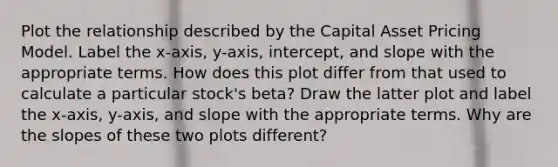 Plot the relationship described by the Capital Asset Pricing Model. Label the x-axis, y-axis, intercept, and slope with the appropriate terms. How does this plot differ from that used to calculate a particular stock's beta? Draw the latter plot and label the x-axis, y-axis, and slope with the appropriate terms. Why are the slopes of these two plots different?