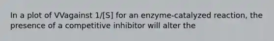 In a plot of VVagainst 1/[S] for an enzyme-catalyzed reaction, the presence of a competitive inhibitor will alter the