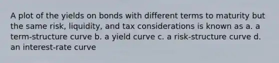 A plot of the yields on bonds with different terms to maturity but the same risk, liquidity, and tax considerations is known as a. a term-structure curve b. a yield curve c. a risk-structure curve d. an interest-rate curve