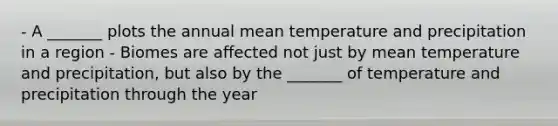 - A _______ plots the annual mean temperature and precipitation in a region - Biomes are affected not just by mean temperature and precipitation, but also by the _______ of temperature and precipitation through the year