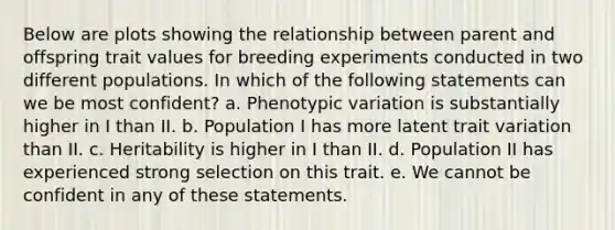 Below are plots showing the relationship between parent and offspring trait values for breeding experiments conducted in two different populations. In which of the following statements can we be most confident? a. Phenotypic variation is substantially higher in I than II. b. Population I has more latent trait variation than II. c. Heritability is higher in I than II. d. Population II has experienced strong selection on this trait. e. We cannot be confident in any of these statements.