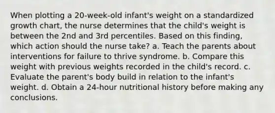 When plotting a 20-week-old infant's weight on a standardized growth chart, the nurse determines that the child's weight is between the 2nd and 3rd percentiles. Based on this finding, which action should the nurse take? a. Teach the parents about interventions for failure to thrive syndrome. b. Compare this weight with previous weights recorded in the child's record. c. Evaluate the parent's body build in relation to the infant's weight. d. Obtain a 24-hour nutritional history before making any conclusions.