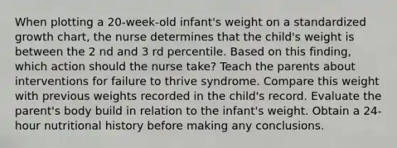 When plotting a 20-week-old infant's weight on a standardized growth chart, the nurse determines that the child's weight is between the 2 nd and 3 rd percentile. Based on this finding, which action should the nurse take? Teach the parents about interventions for failure to thrive syndrome. Compare this weight with previous weights recorded in the child's record. Evaluate the parent's body build in relation to the infant's weight. Obtain a 24-hour nutritional history before making any conclusions.