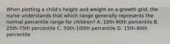 When plotting a child's height and weight on a growth grid, the nurse understands that which range generally represents the normal percentile range for children? A. 10th-90th percentile B. 25th-75th percentile C. 50th-100th percentile D. 15th-90th percentile