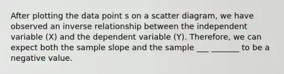 After plotting the data point s on a scatter diagram, we have observed an <a href='https://www.questionai.com/knowledge/kc6KNK1VxL-inverse-relation' class='anchor-knowledge'>inverse relation</a>ship between the independent variable (X) and the dependent variable (Y). Therefore, we can expect both the sample slope and the sample ___ _______ to be a negative value.