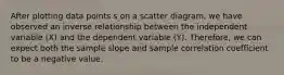 After plotting data points s on a scatter diagram, we have observed an inverse relationship between the independent variable (X) and the dependent variable (Y). Therefore, we can expect both the sample slope and sample correlation coefficient to be a negative value.
